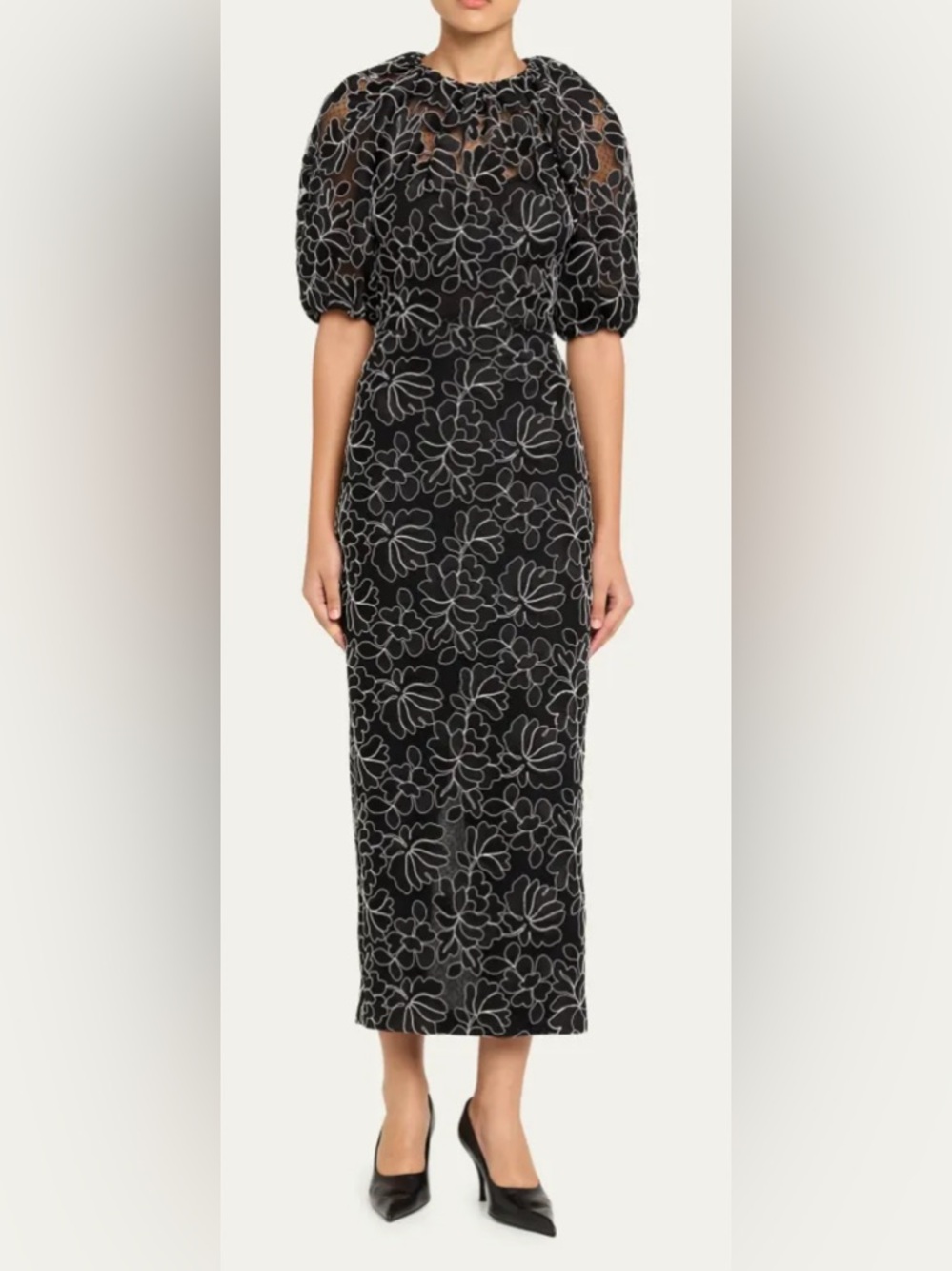 LELA ROSE Floral Lace Puff-Sleeve Midi Sheath Dress